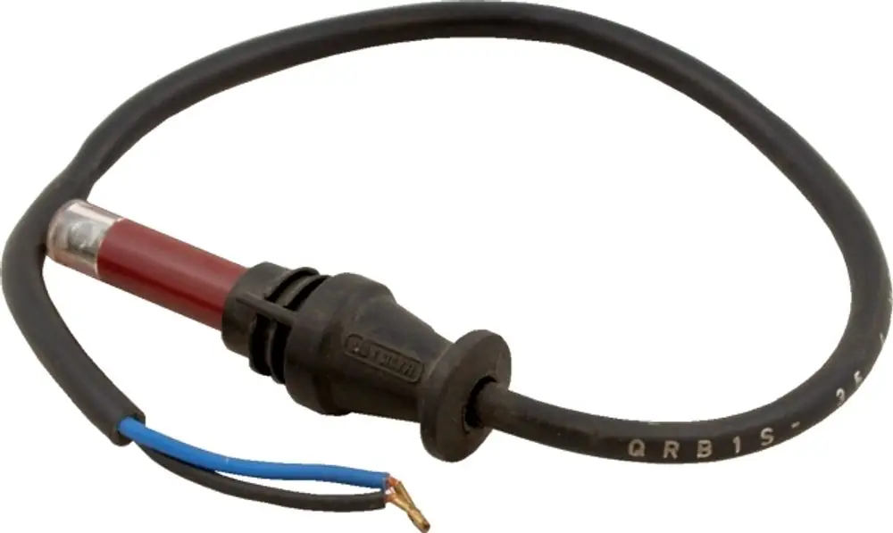 Flammwächter mit Kabel und Anschluss für einen Brenner, hergestellt von Wolf. Der Sensor ist in einem schwarzen Gehäuse untergebracht und hat einen transparenten Bereich.